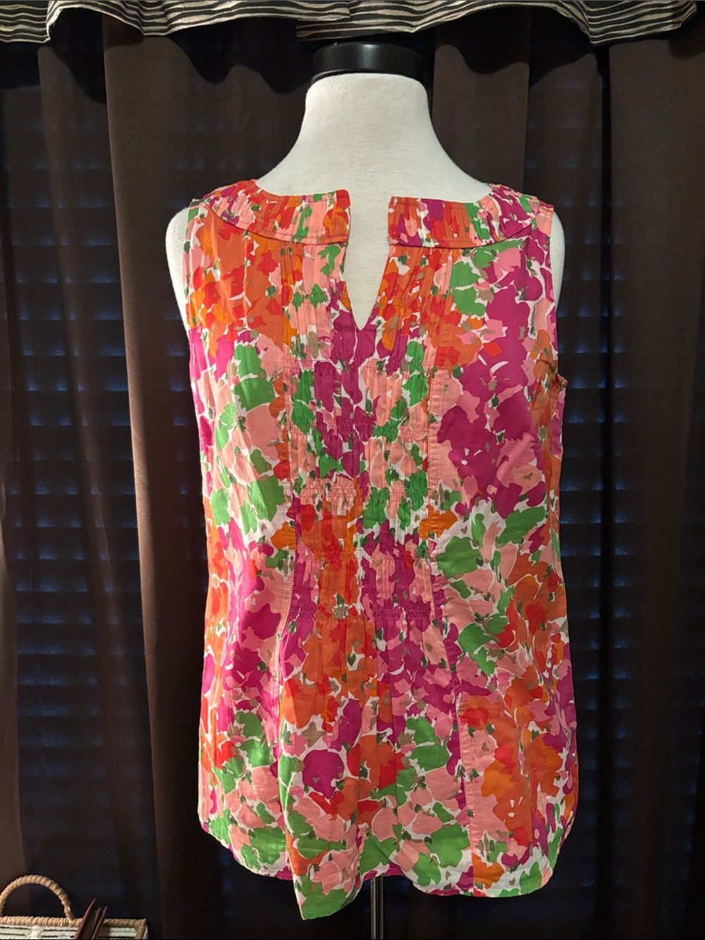 Talbots Vibrant Floral Split-Neck Sleeveless Top - Pink, Green, Orange